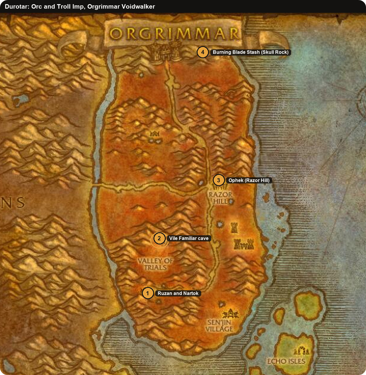 Durotar map of the Orc and Troll Imp quest and the Skull Rock Voidwalker quest