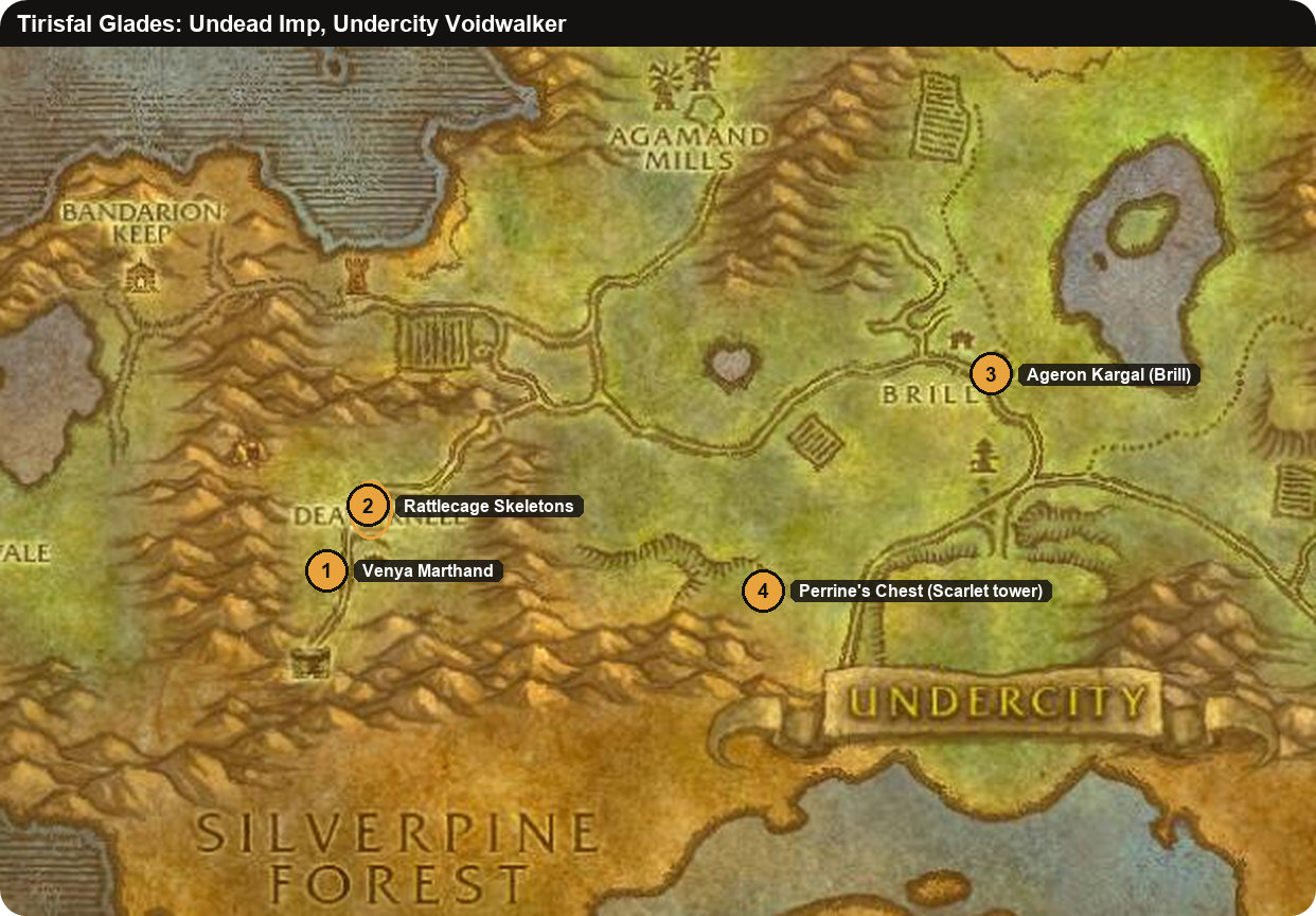 Tirisfal Glades map of the Undead Imp quest and the Undercity Voidwalker quest