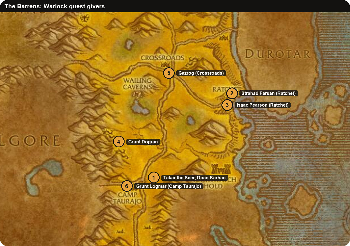 The Barrens map of Warlock quest givers: Takar the Seer, Doan Karhan, Strahad Farsan and the Succubus chain