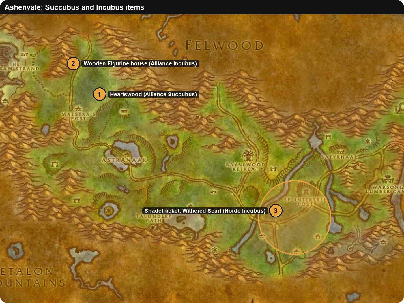 Ashenvale map of the Heartswood, the Wooden Figurine house and the Withered Scarf mobs