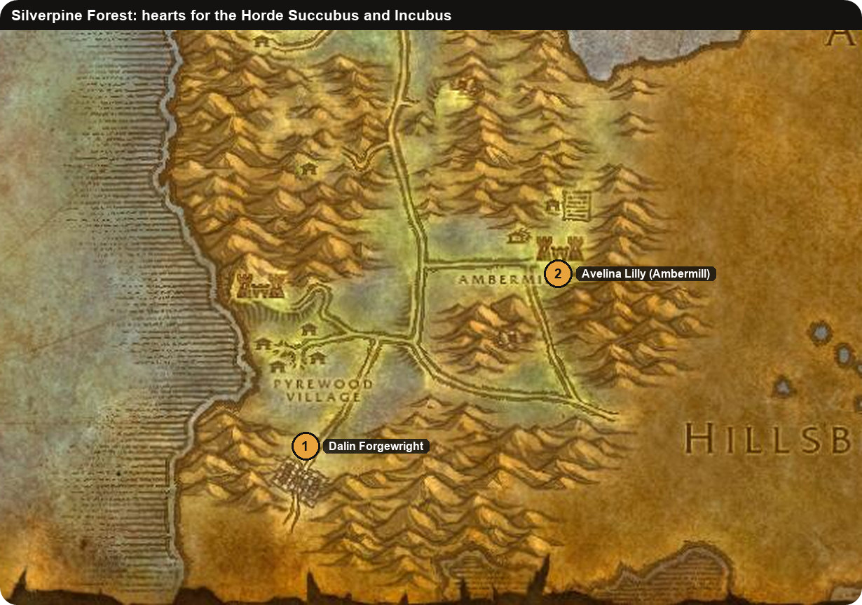 Silverpine Forest map of Dalin Forgewright and Avelina Lilly for the Horde Warlock demon quests