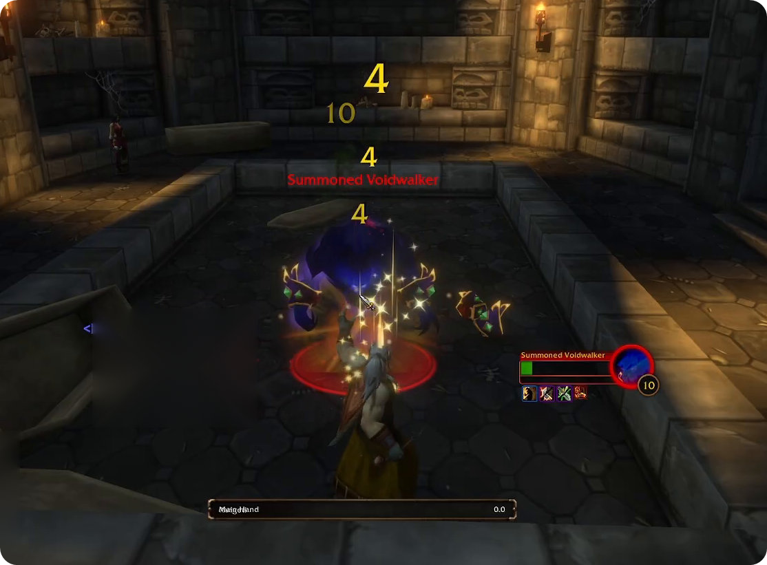 Warlock fighting the Summoned Voidwalker at the summoning circle below the Slaughtered Lamb in WoW Forever